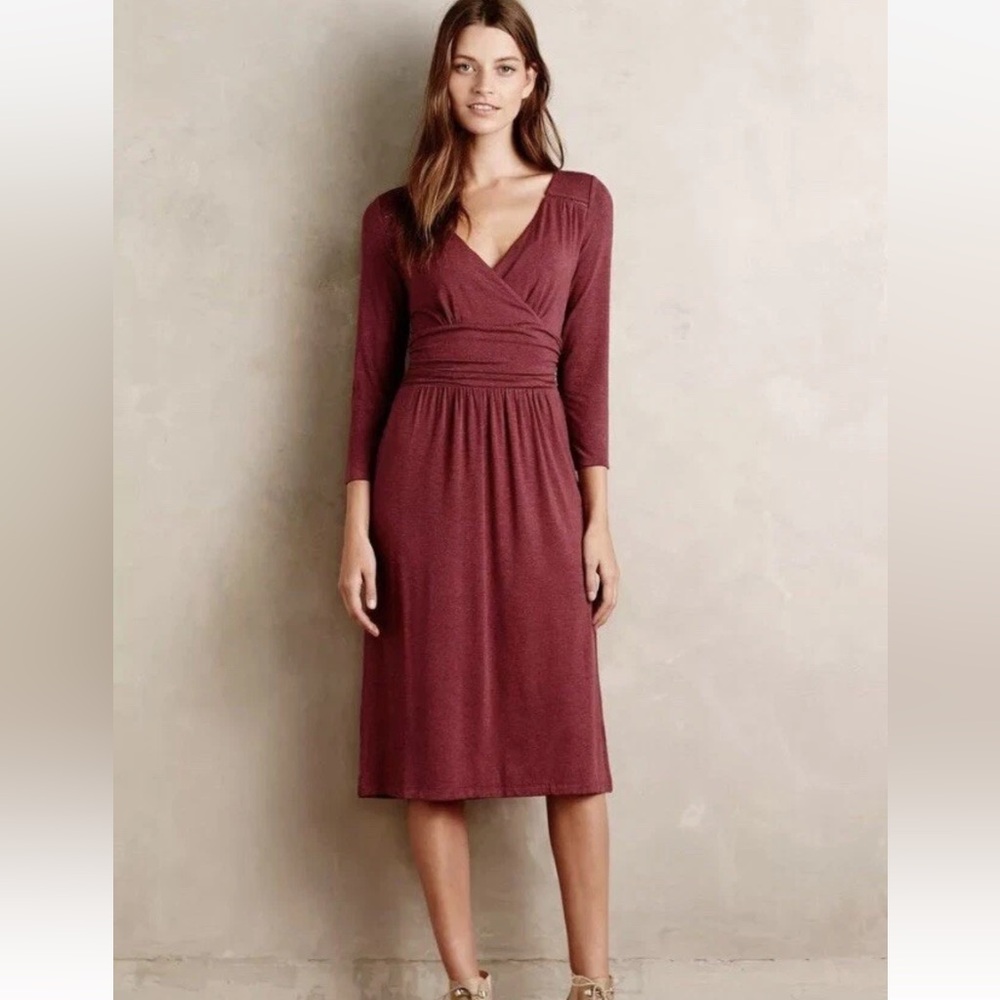 Anthropologie Maeve Galena Burgundy Faux Wrap Jersey Dress M